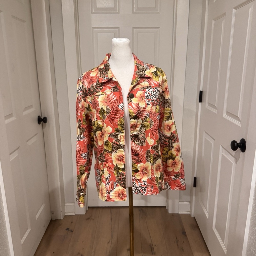 Vintage 90s Womens Small Chino Jacket Tropical Cotton Stretch Zebra Print Floral - Picture 2 of 8